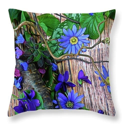 Throw pillows with a fabric design printed from a painting of a still life of flowers with tree branch and anemone violet and pulmonaria flowers available at fine art america by joanne shaw from the painting an arrangement in the color blue Handmade Jewelry & Original Art Prints by Joanne Shaw